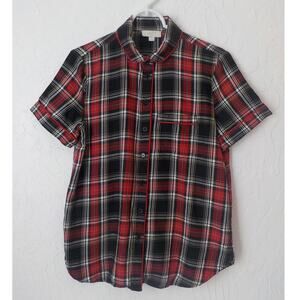 Loft Sleep Top Button Up Red Black Plaid Cotton Short Sleeves Women size Small